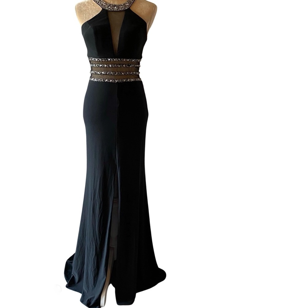 Bee Darlin Womens  Long Black Beaded Sheer Front Waist Front Slit Junior Sz  1/2